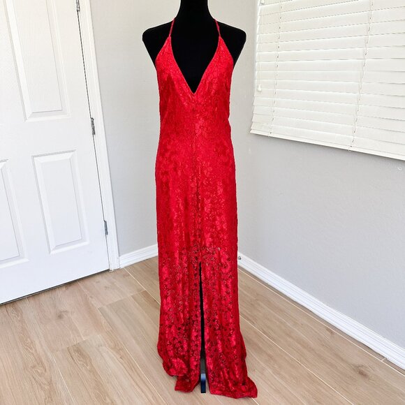 Rubber Ducky Sexy Red Lace CrissCross Straps Maxi Dress with Plunging V-Neck - Picture 1 of 17